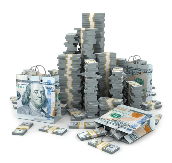 Big pile of the money and bags — Stock Photo, Image