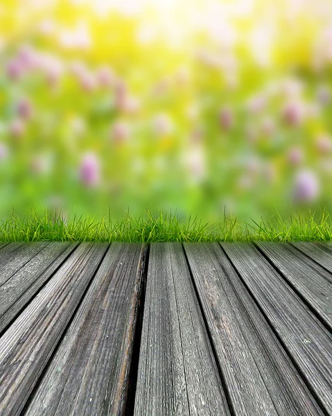 Fresh spring green grass with green bokeh and sunlight and wood floor. — Stock Photo, Image