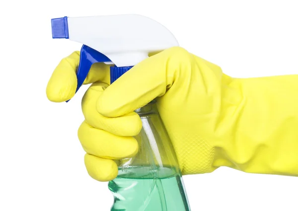 Gehandschoende hand met het schoonmaken van de spray fles — Stockfoto