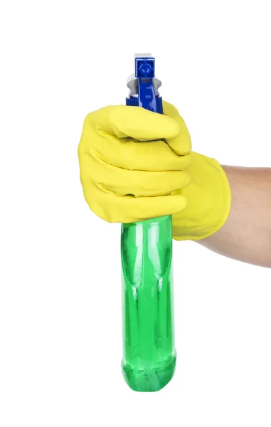 Gloved hand with cleaning spray bottle — Stock Photo, Image