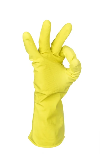 Latex handschoen voor schoonmaken Het maken van een OK handteken — Stockfoto