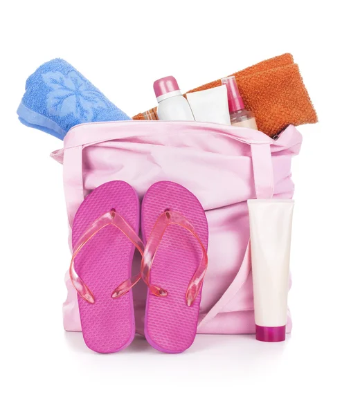 Beach bag with beach accessories — Stock Photo, Image