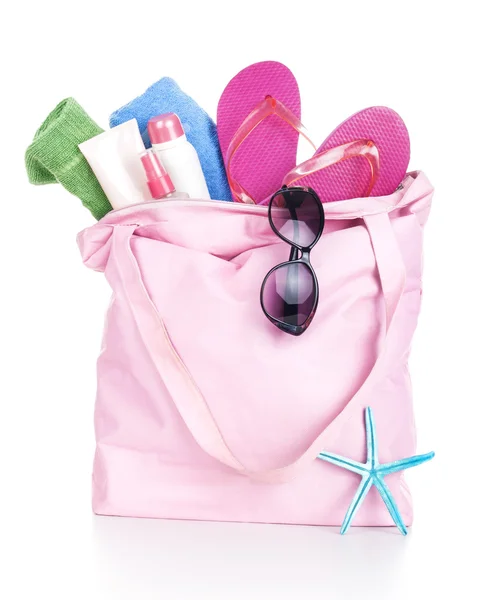 Beach bag with beach accessories — Stock Photo, Image