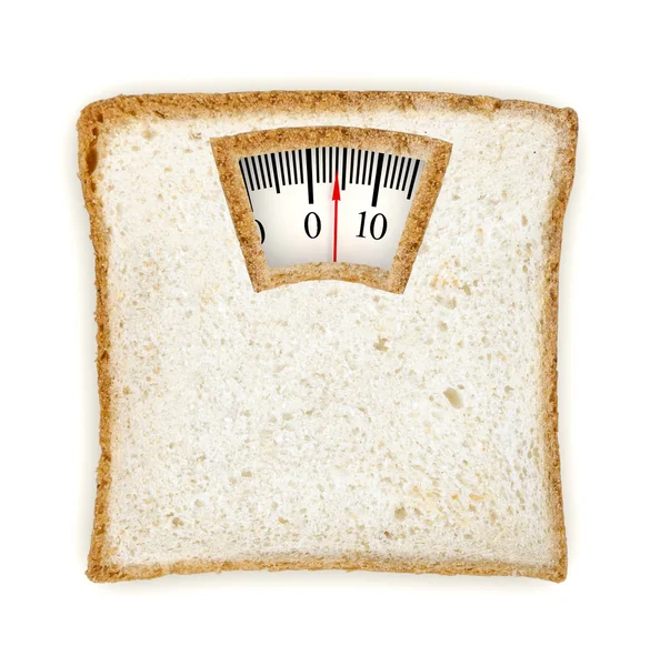 Imaginary weighing scales made of bread slice isolated on white — Stock Photo, Image