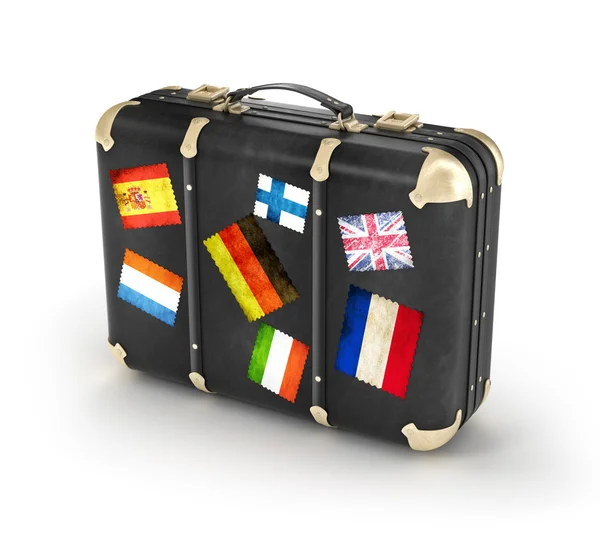Чорна шкіряна валіза з наклейками для подорожей. тривимірний — стокове фото