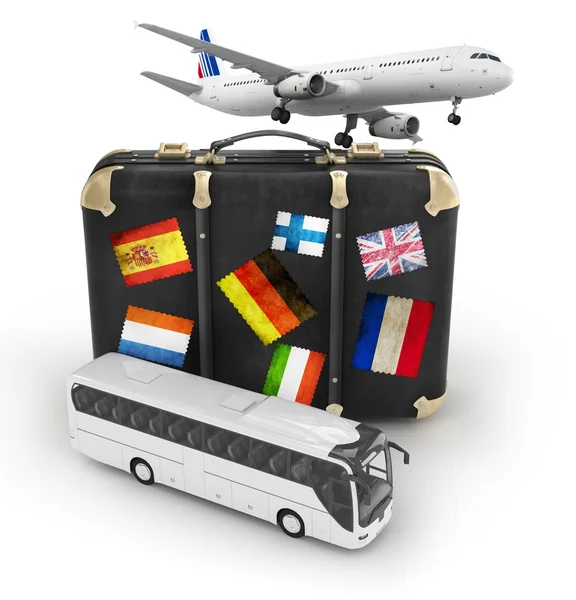 Travel concept with plane, suitcase and bus — Stock Photo, Image