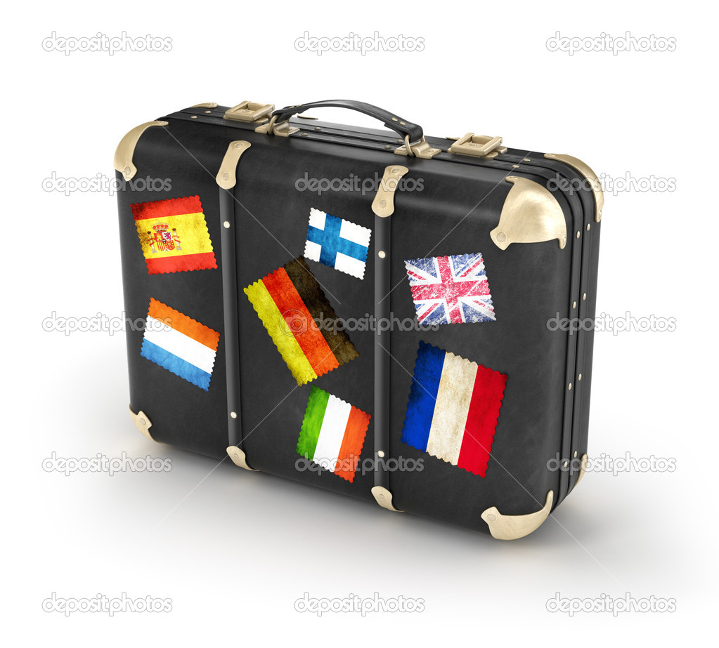 Black leather suitcase with travel stickers. 3d