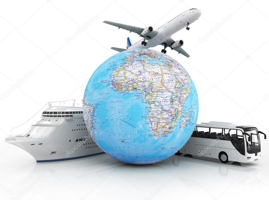 plane, ship and bus around global