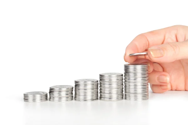 Coins diagram and hand put coin — Stock Photo, Image