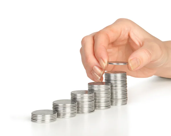 Coins diagram and hand put coin — Stock Photo, Image