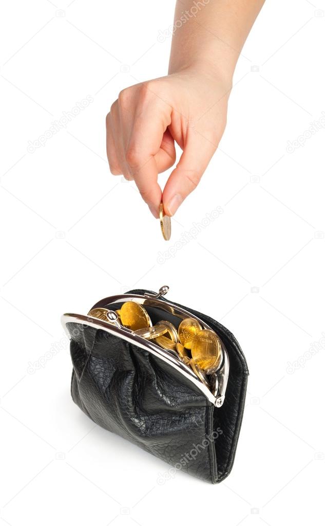 Female hand putting money in purse