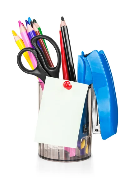 Cup with pens and pencils — Stock Photo, Image