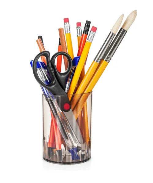 Cup with pens and pencils — Stock Photo, Image