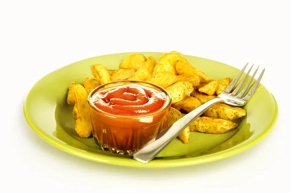 French fries in plate with ketchup — Stock Photo, Image