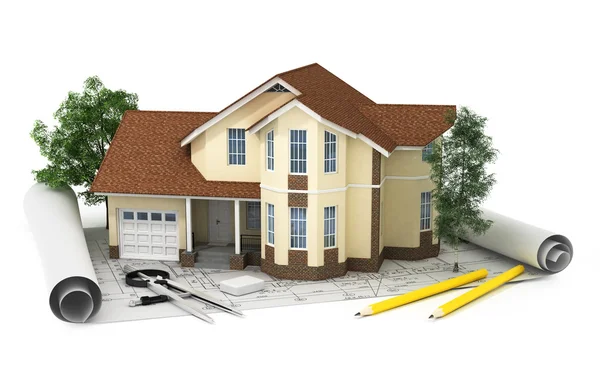 Rendering 3D di una casa con garage — Foto Stock