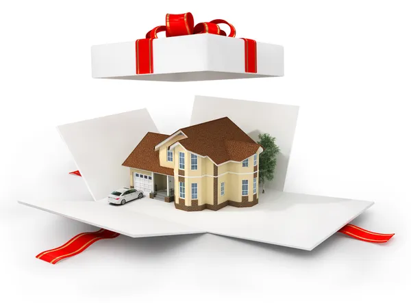 Opened gift with house — Stock Photo, Image