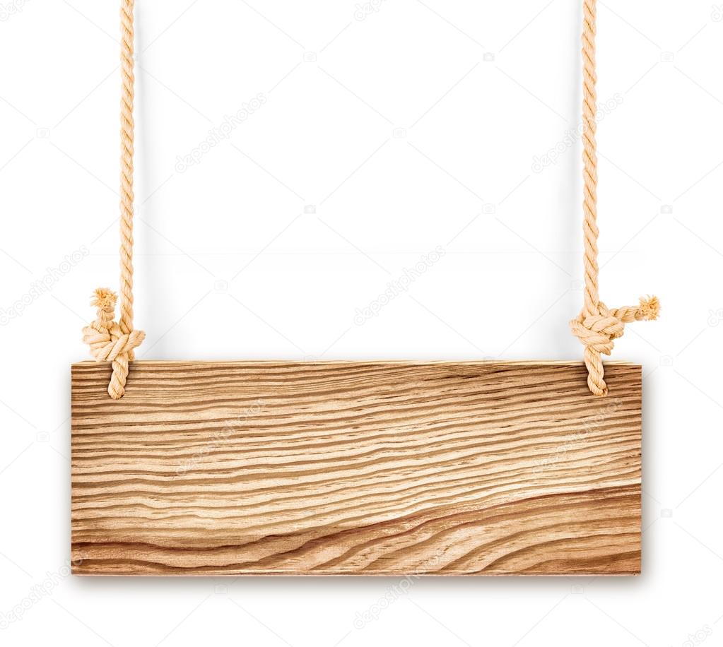 Close up of an empty wooden sign hanging on a rope on white back