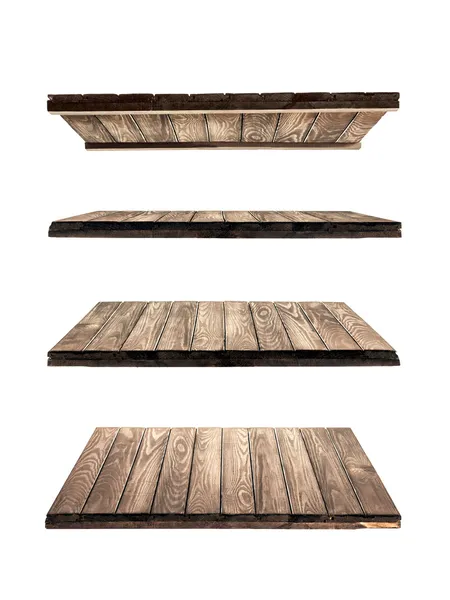 Collection of wooden shelves on an isolated white background — Stock Photo, Image