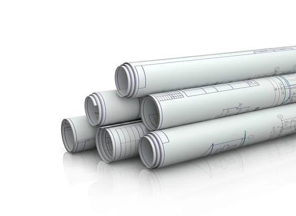 Scrolls of engineering drawings. Isolated render on a white background — Stock Photo, Image