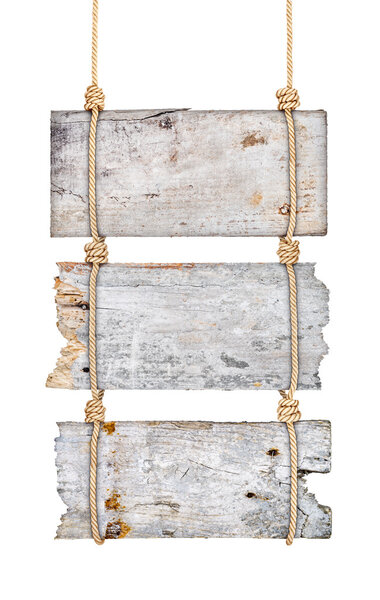 vintage wooden signs on the rope on an isolated white background