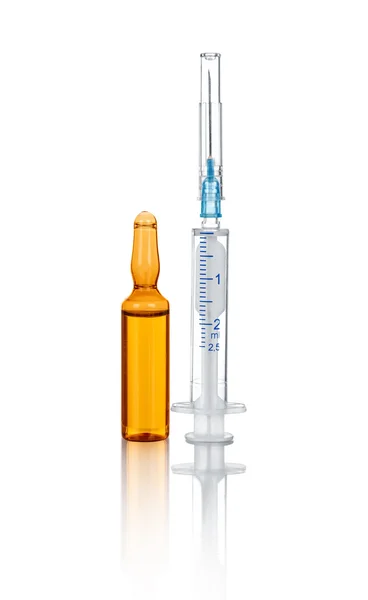 Medical ampoules and syringe isolated on white — Stock Photo, Image