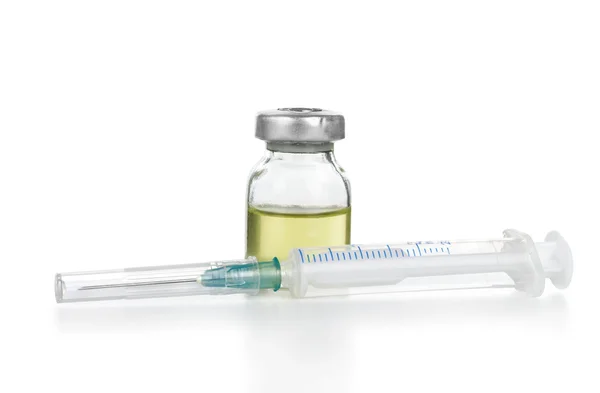 Medical ampoules and syringe isolated on white — Stock Photo, Image