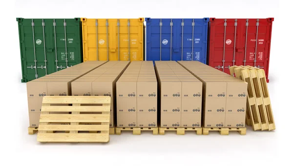 Creative cargo, delivery and transportation logistics storage warehouse industry business concept: group of stacked corrugated cardboard boxes on wooden shipping pallets isolated on white background — Stock Photo, Image