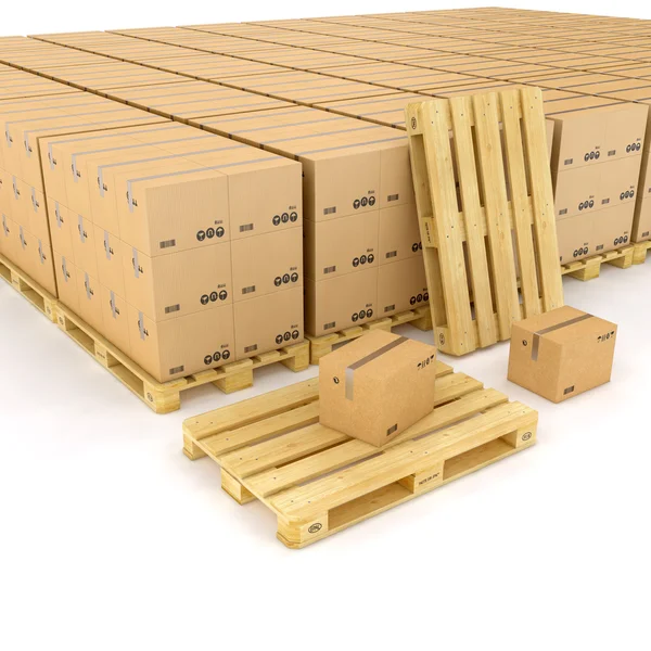 Creative cargo, delivery and transportation logistics storage warehouse industry business concept: group of stacked corrugated cardboard boxes on wooden shipping pallets isolated on white background — Stock Photo, Image