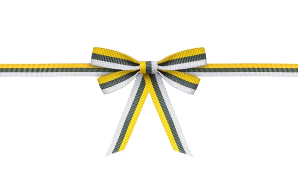 Yellow with gray and white ribbon and bow on the isolated white — Stock Photo, Image