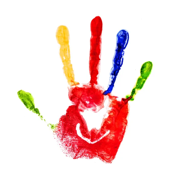 Red handprint with colored fingers on an isolated white backgrou — Stock Photo, Image