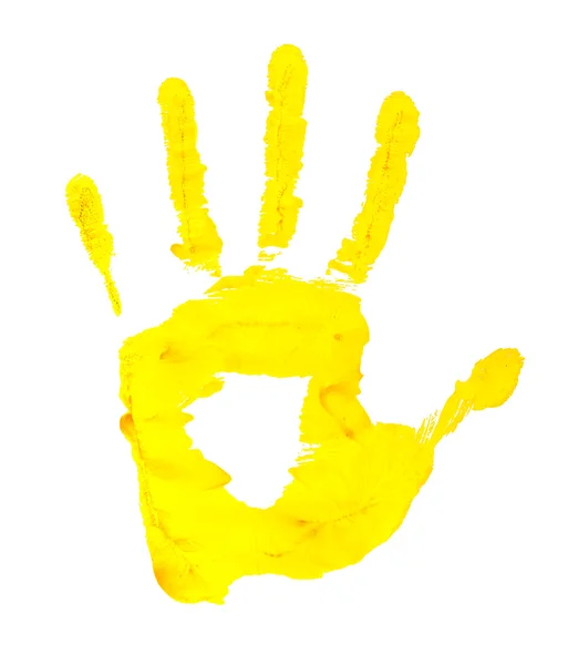 고립 된 백색 배경에 노란 손 자국 페인트 — 스톡 사진