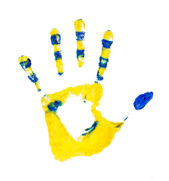 백색 backgrou에 고립 된 손가락으로 노란 줄무늬 손 자국 — 스톡 사진