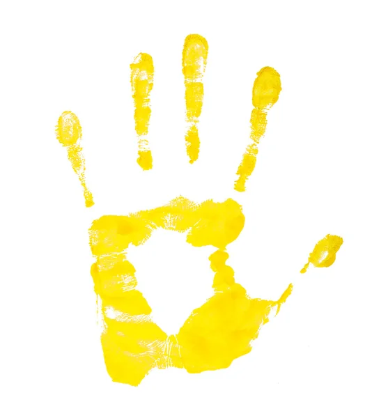 Huella de mano de color amarillo limón sobre un fondo blanco aislado —  Fotos de Stock