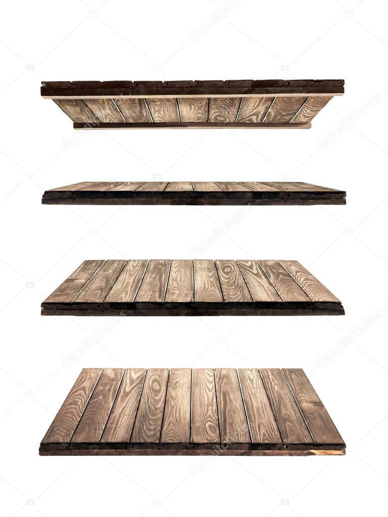 collection of wooden shelves on an isolated white background