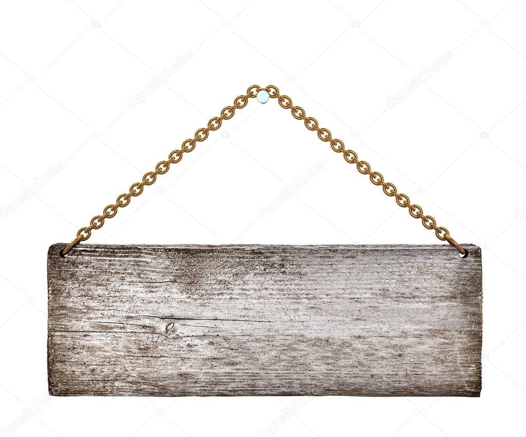 vintage wooden sign on golden chains on an isolated white backgr