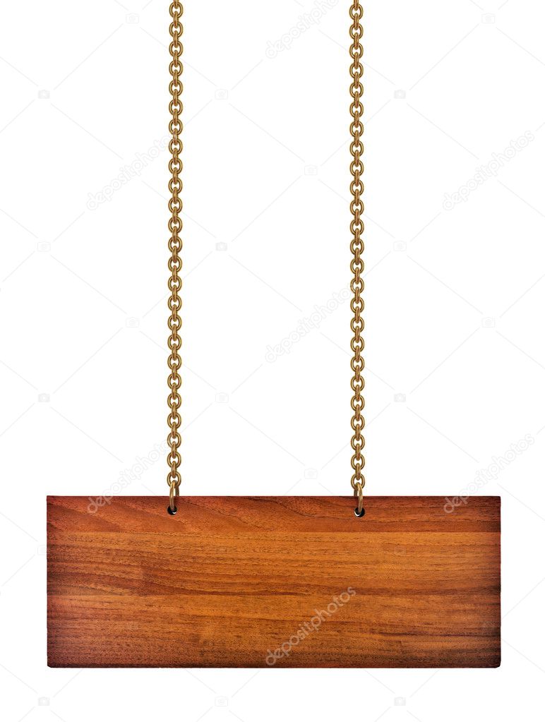 wooden sign on the long chains of gold isolated on white backgro