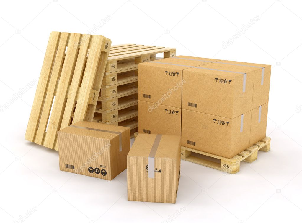 Creative cargo, delivery and transportation logistics storage warehouse industry business concept: group of stacked corrugated cardboard boxes on wooden shipping pallets isolated on white background