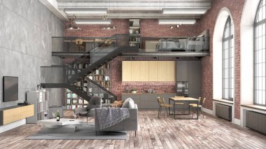 Ahşap döşemeli, kemerli pencereli, tuğladan duvarlı büyük bir çatı katında 3D bir merdiven. 3d illüstrasyon