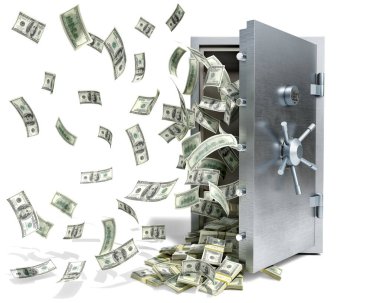 Dolar banknotları açık çelik kasadan çıkıyor ve paketler yakınındaki yığına dökülüyor. Kasa ve para kavramı beyaz arka planda izole edilmiş, 3D resim.