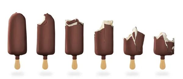 在白色背景下隔离的巧克力釉中的一组香草冰淇淋 — 图库照片