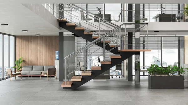 3D render of a stair in large office interior with restzone and work space. 3d illustration