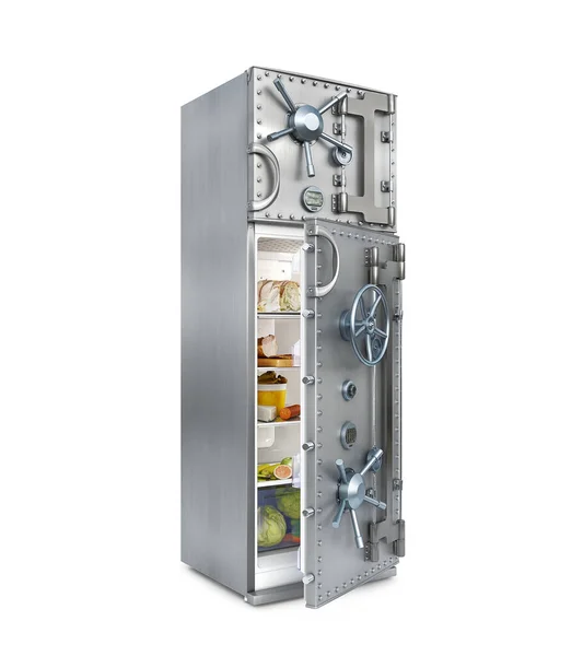 Concept Réfrigérateur Ouvert Avec Une Porte Sécurisée Nourriture Dedans Isolé — Photo