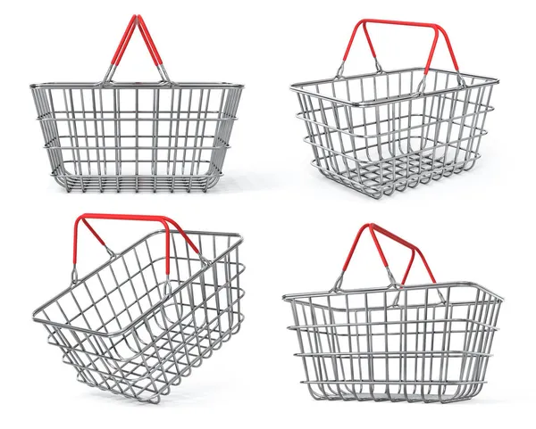 Корзина Металлического Магазина Разных Положениях Белом Фоне Иллюстрация — стоковое фото