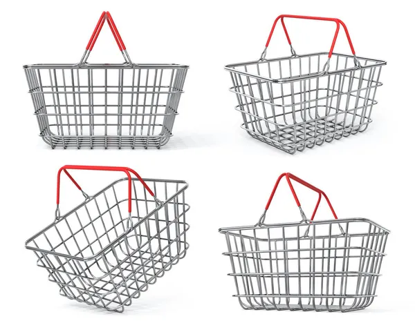 Metal Shop Basket Different Positions White Background Illustration — Stock Photo, Image