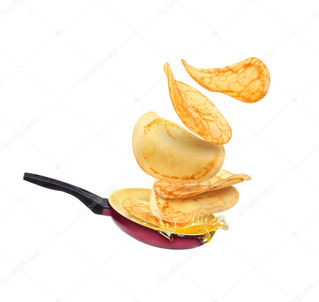 Pancakes in flight with a frying pan