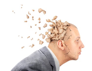 Beyaz bir arka planda genç yakışıklı bir adamın kafası patladı. Sinir krizi..