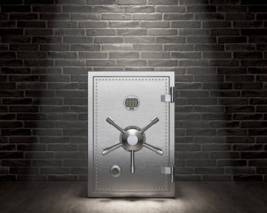 Işığın altındaki karanlık bir odada kapalı ve güvenilir çelik kasa, 3 boyutlu illüstrasyon.