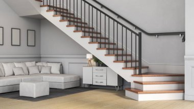 Modern iç mekanda ahşap zemin ve beyaz duvarları olan 3 boyutlu bir merdiven. 3d illüstrasyon