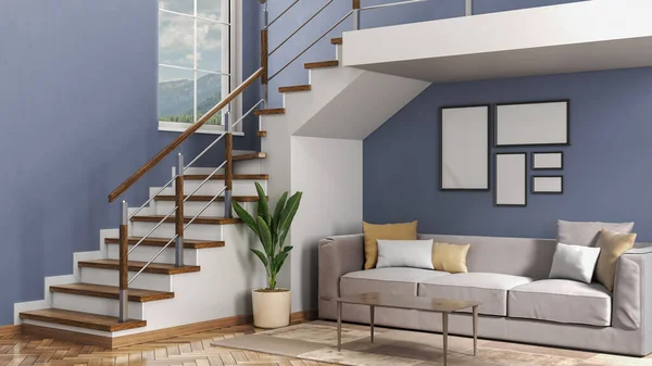 3D render of a stair in modern interior with wooden floor and blue walls. 3d illustration