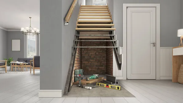 Рендеринг Демонтированной Лестницы Деталях Инструментами Современном Интерьере Иллюстрация — стоковое фото